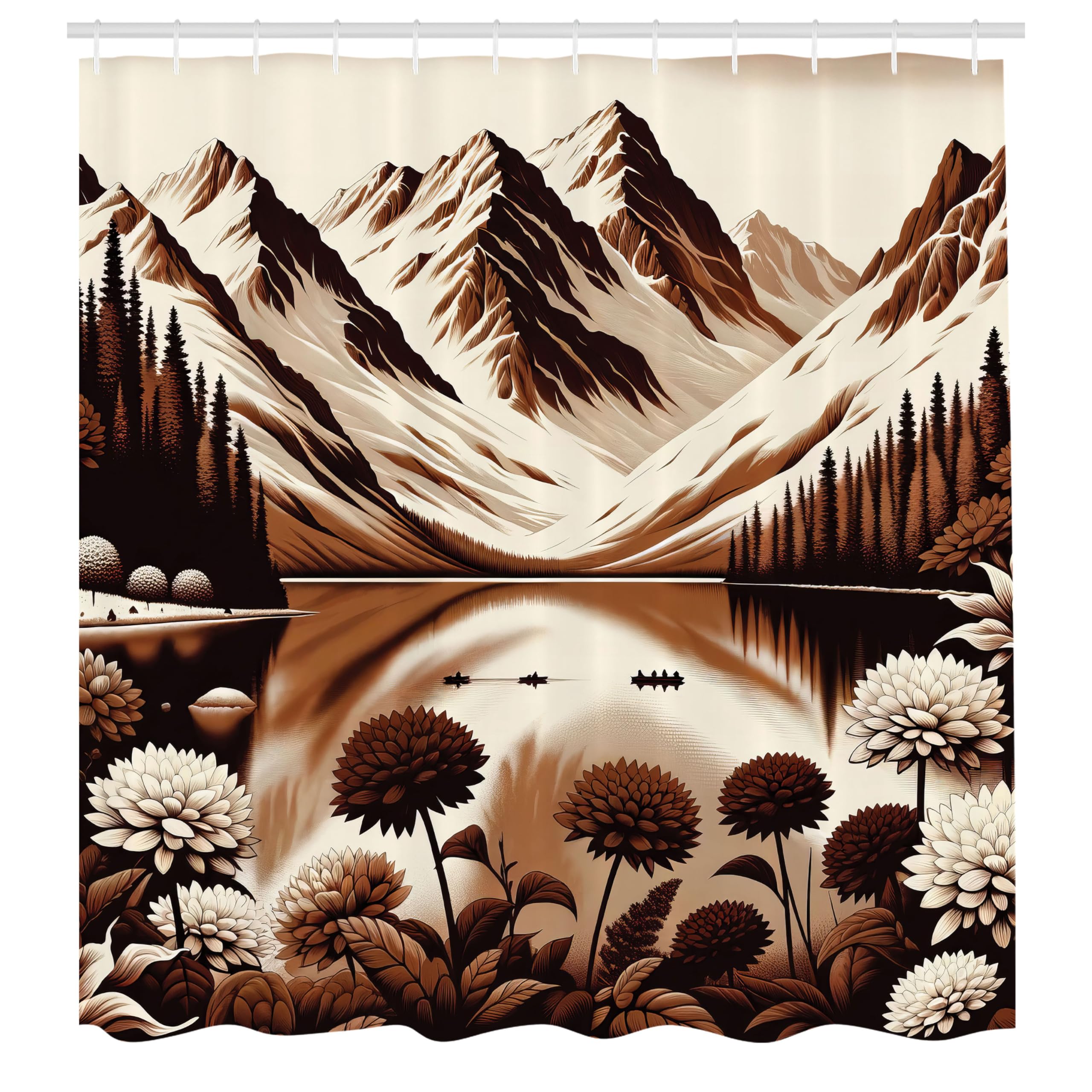 Ambesonne Lake Shower Curtain, Brown Tones Artwork Of Snowy Mountain Scenery With Flowers Darkened Woods, Cloth Fabric Bathroom